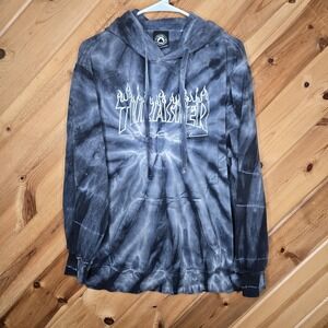 Thrasher Tie Dye Fire Spellout Logo Skateboarding Hoodie Men's Medium Blue/Gray